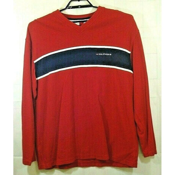 Tommy Hilfiger Thermal Shirt Vintage 90s Big Flag Logo Pullover Mens Size L - Picture 1 of 4